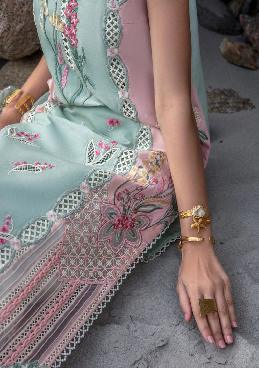 Mint & Baby Pink: Embroidered Lawn Suit With Organza Dupatta | Ready To Wear