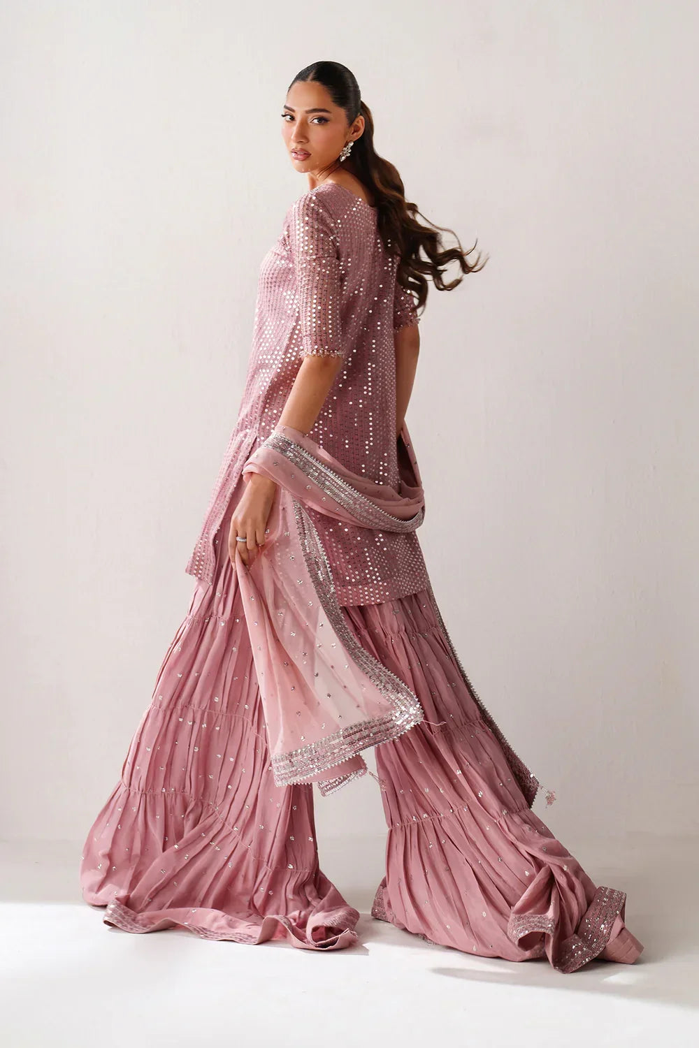 Dusty Rose & Silver Sparkle: Embroidered Chiffon Ghararah SUit | Ready To Wear