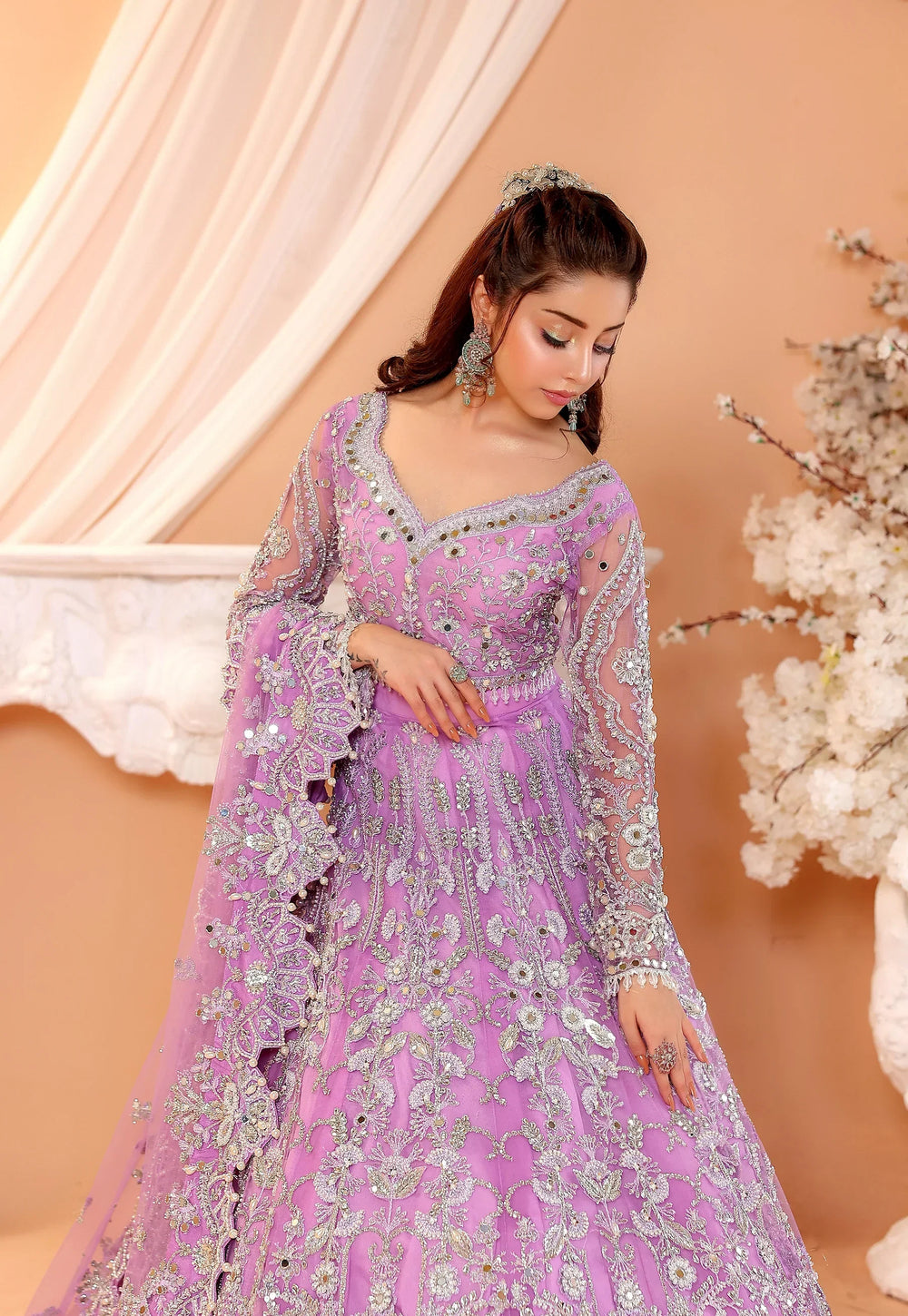 Pastel Lilac & Sparkling Silver: Embroidered Net Bridal Lenge Choli | Ready To Wear