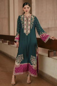 Deep Green & Magenta Pink Contrast: Embroidered Silk Kaftan | Ready To Wear