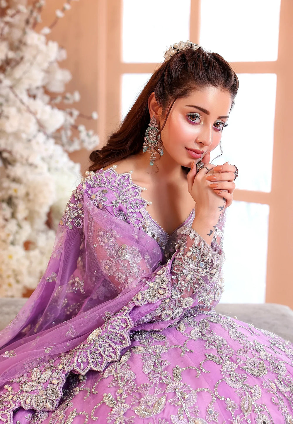 Pastel Lilac & Sparkling Silver: Embroidered Net Bridal Lenge Choli | Ready To Wear
