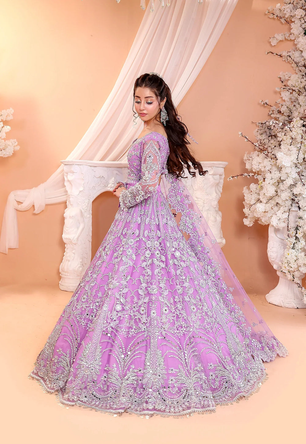 Pastel Lilac & Sparkling Silver: Embroidered Net Bridal Lenge Choli | Ready To Wear