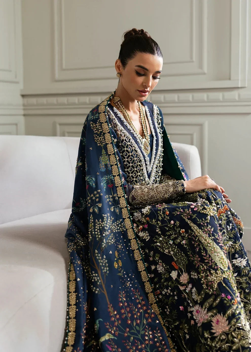 Midnight Navy & Gold: Embroidered Organza Long Shirt | Ready To Wear