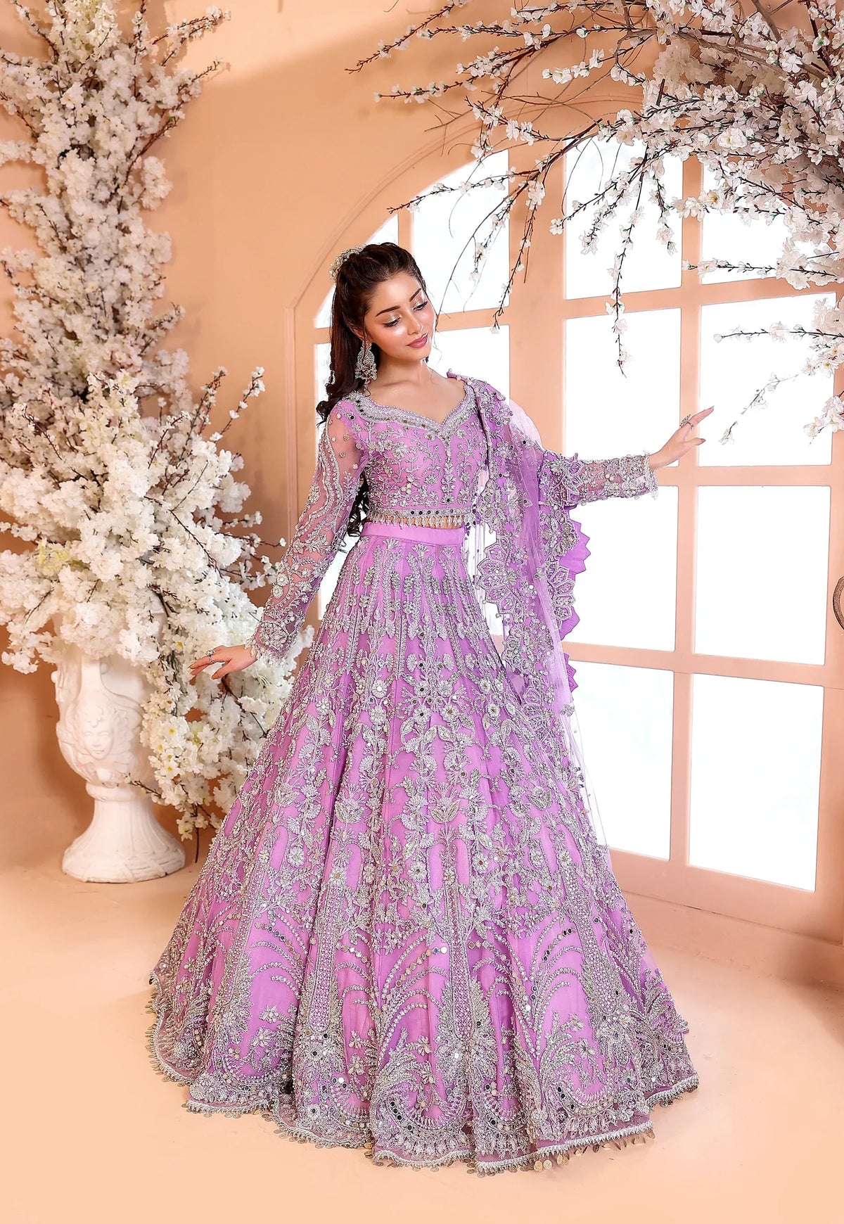 Pastel Lilac & Sparkling Silver: Embroidered Net Bridal Lenge Choli | Ready To Wear