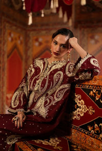 Deep Maroon & Gold Accent: Charmoush Embroidered Silk Kaftan | Ready To Wear