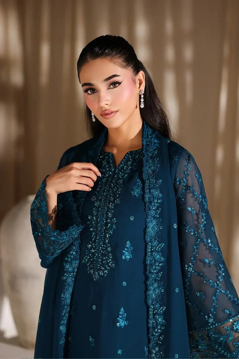 Deep Peacock Teal: Heavy Embroidered Chiffon Suit | Ready To Wear