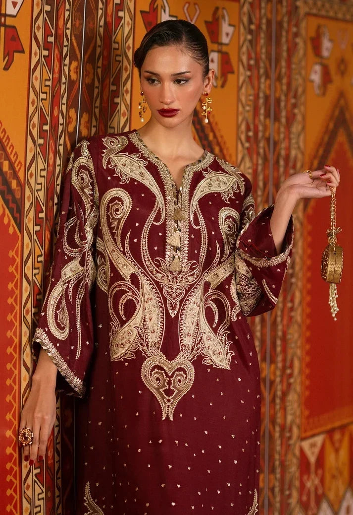 Deep Maroon & Gold Accent: Charmoush Embroidered Silk Kaftan | Ready To Wear