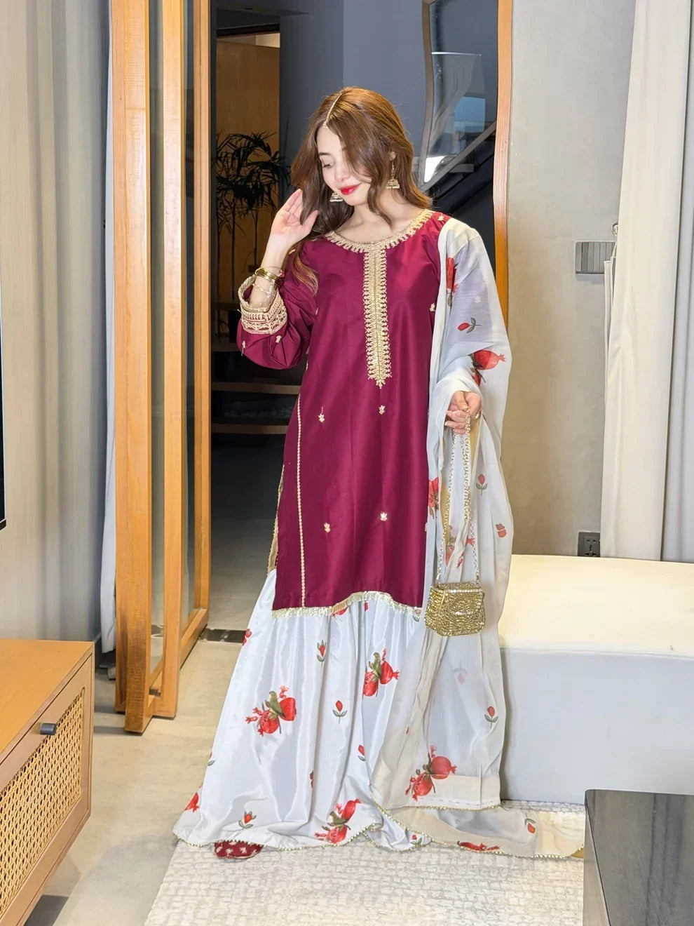 Embroidered Shamooz Silk 3-Piece Suit | Ready To Wear