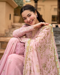 Blush Pink Sharara - 03-Piece Lawn Shirt With Silk Dupatta | Ready To Wear