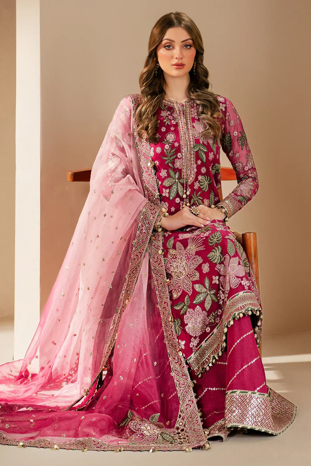 Pink Chiffon Embroidered Formal Suit with Silk Trouser & Net Dupatta | Ready to Wear