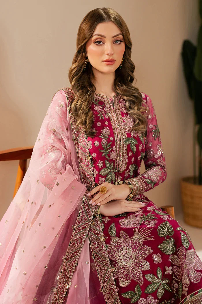 Pink Chiffon Embroidered Formal Suit with Silk Trouser & Net Dupatta | Ready to Wear