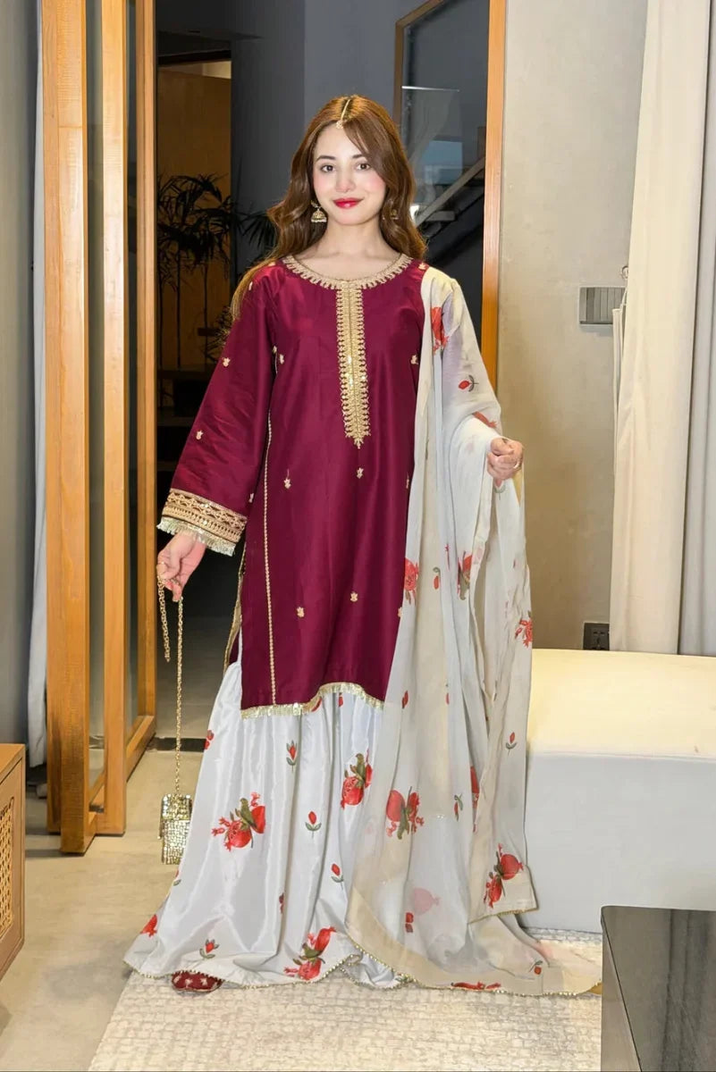 Embroidered Shamooz Silk 3-Piece Suit | Ready To Wear