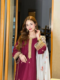 Embroidered Shamooz Silk 3-Piece Suit | Ready To Wear