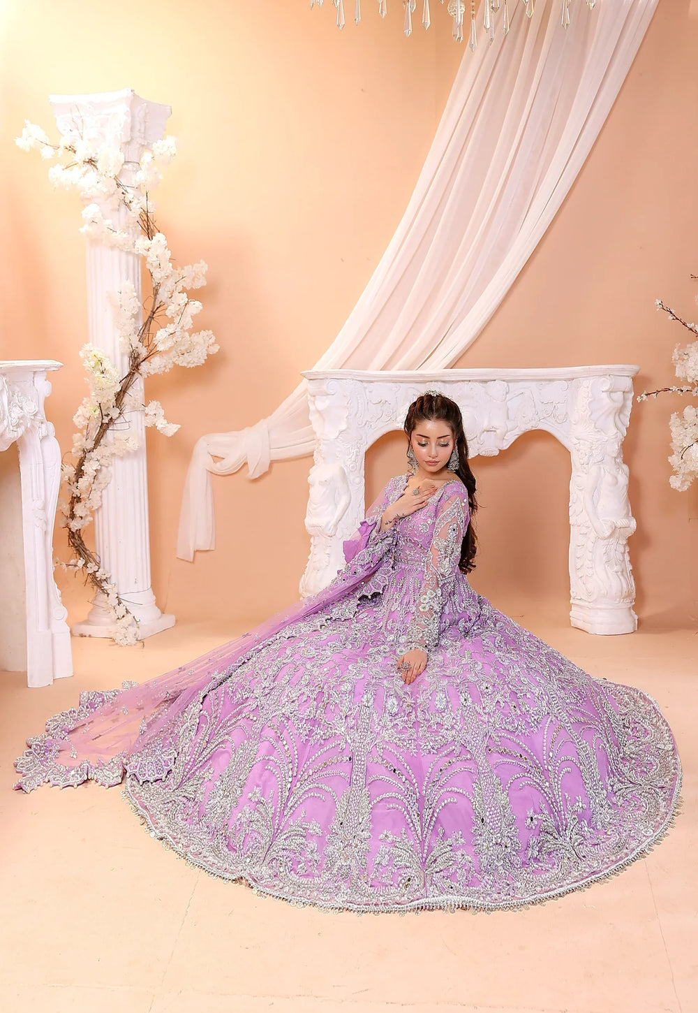 Pastel Lilac & Sparkling Silver: Embroidered Net Bridal Lenge Choli | Ready To Wear