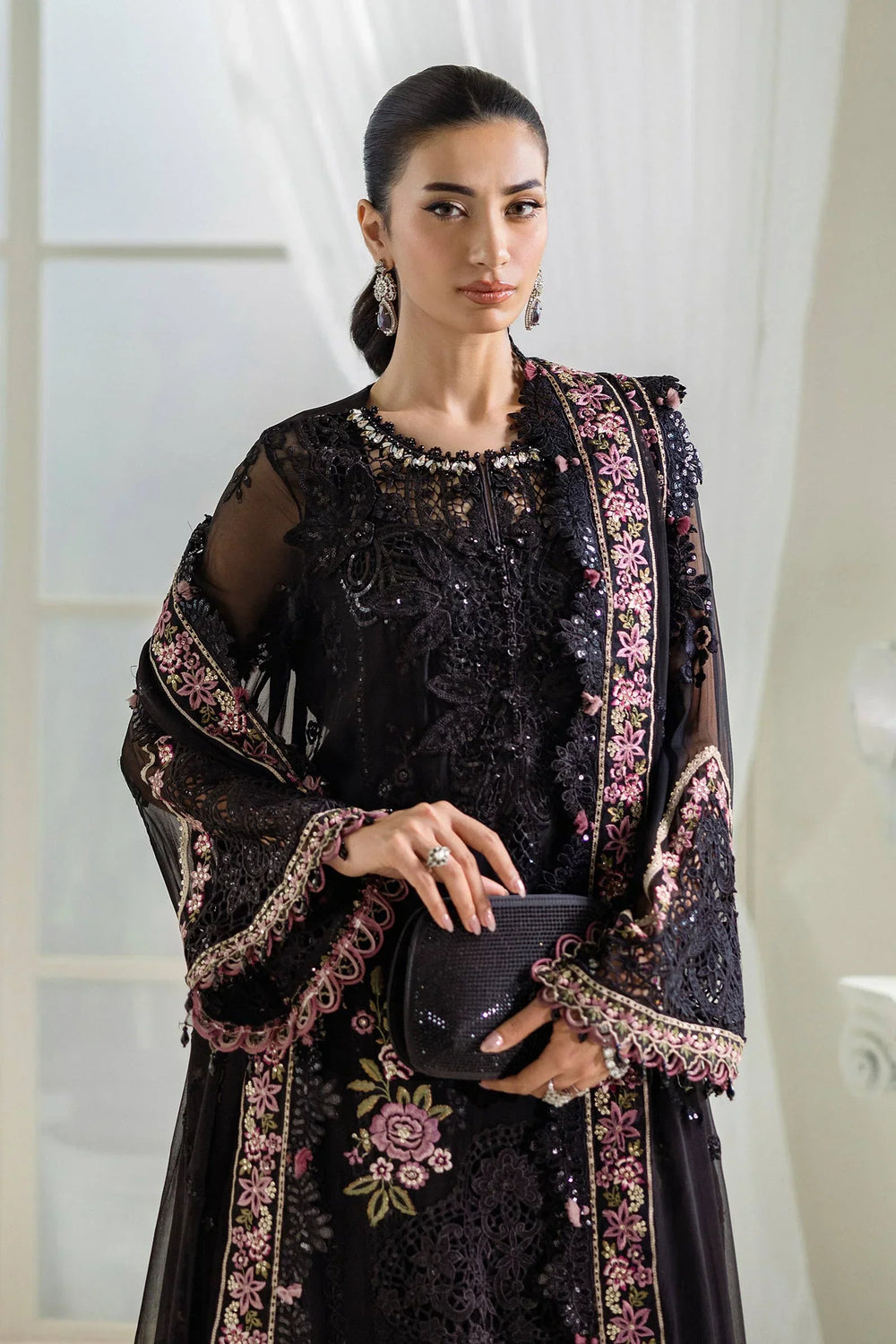 Jet Black & Blush Pink Luxury Embroidered Chiffon Suit | Ready to Wear
