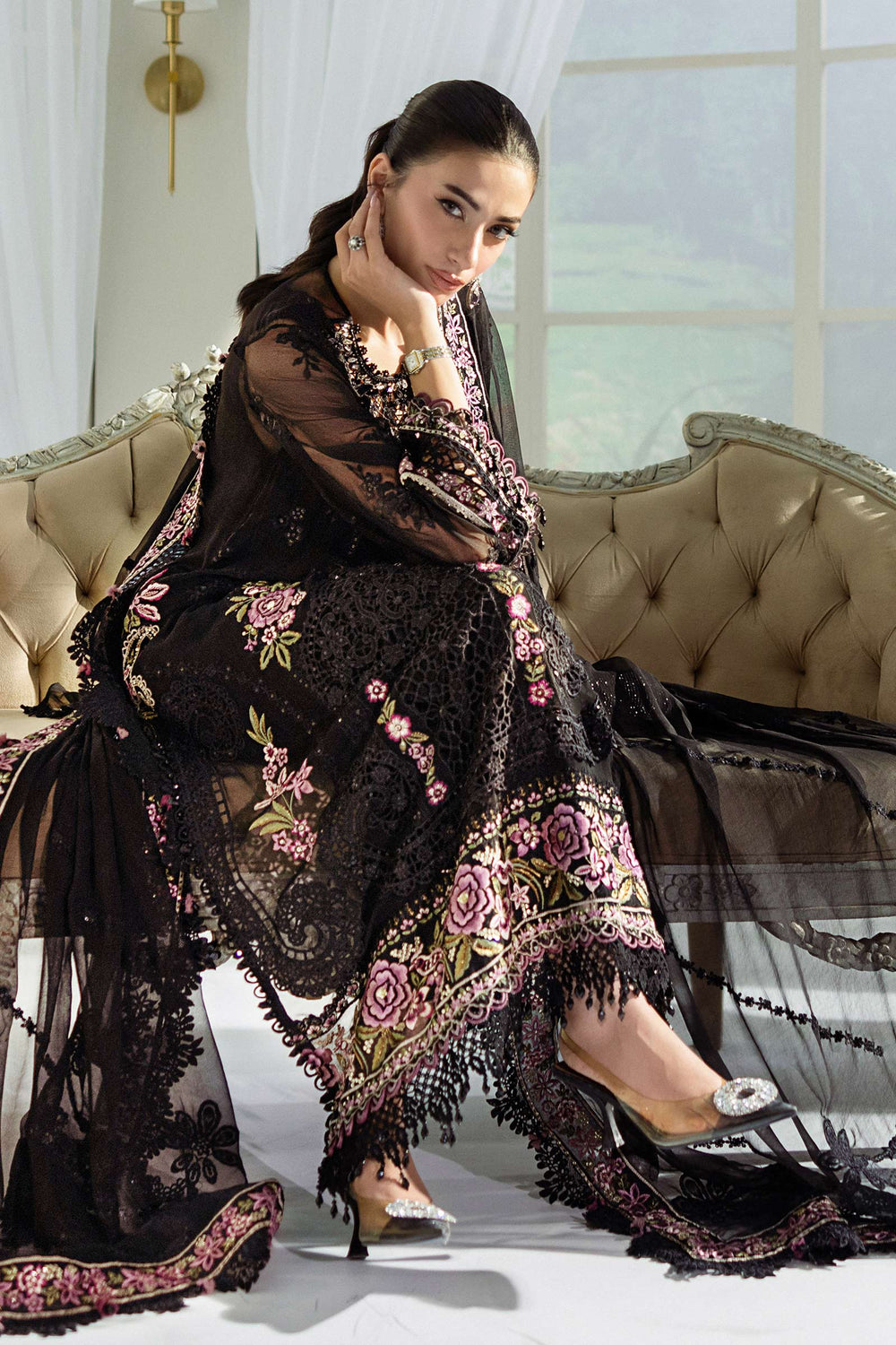 Jet Black & Blush Pink Luxury Embroidered Chiffon Suit | Ready to Wear