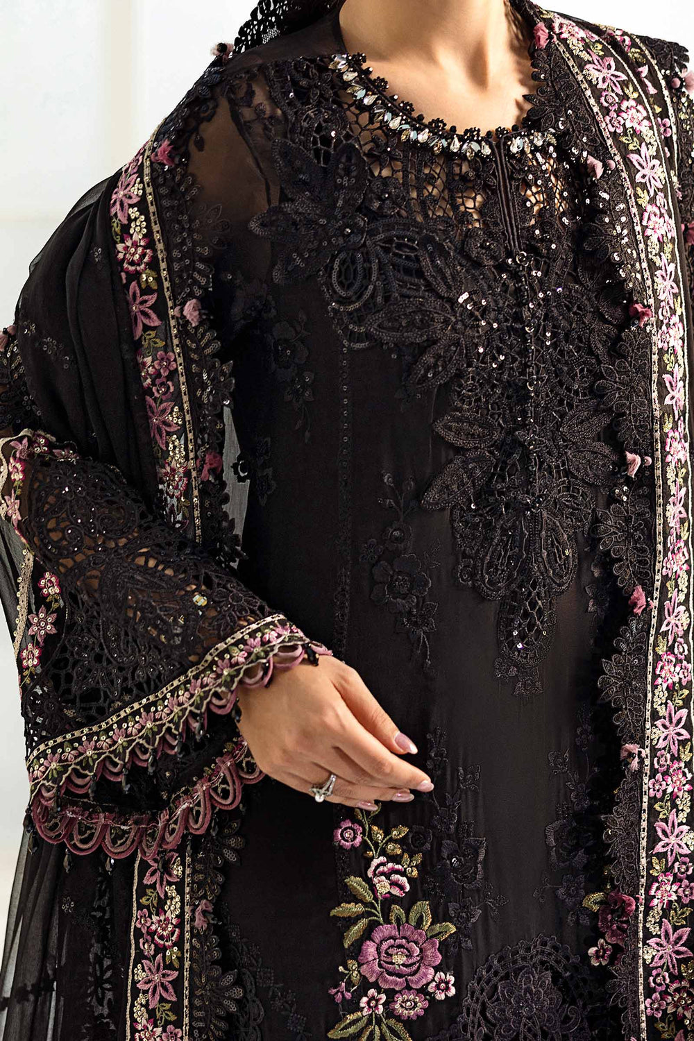 Jet Black & Blush Pink Luxury Embroidered Chiffon Suit | Ready to Wear