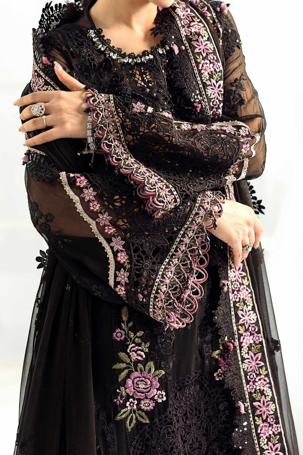 Jet Black & Blush Pink Luxury Embroidered Chiffon Suit | Ready to Wear