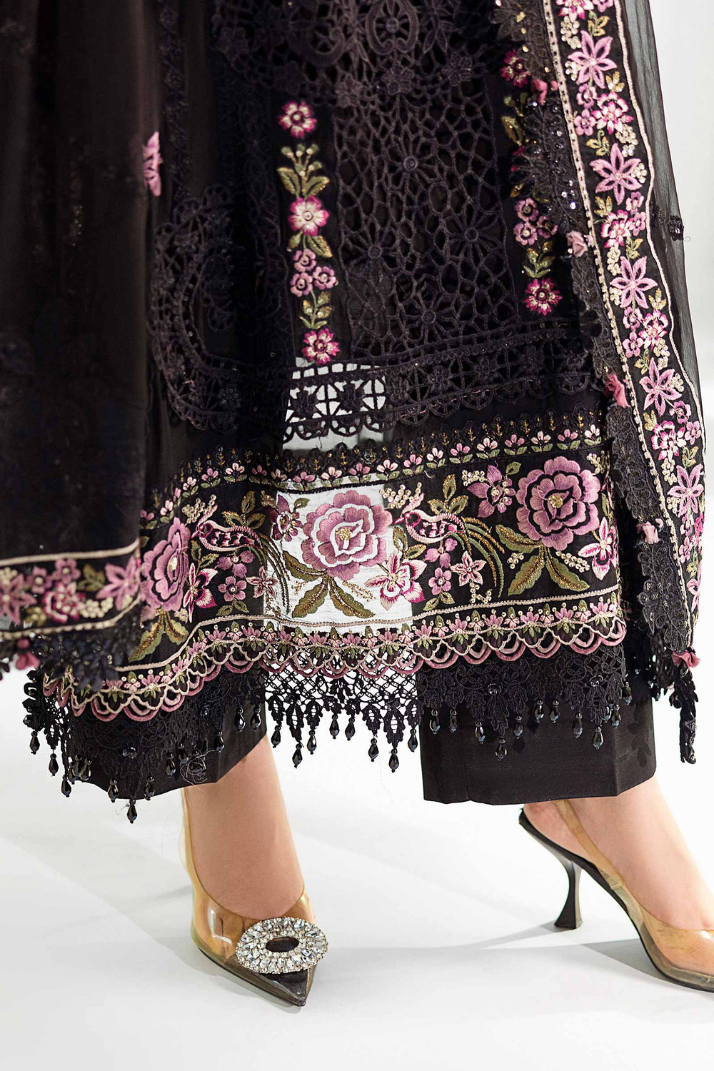 Jet Black & Blush Pink Luxury Embroidered Chiffon Suit | Ready to Wear
