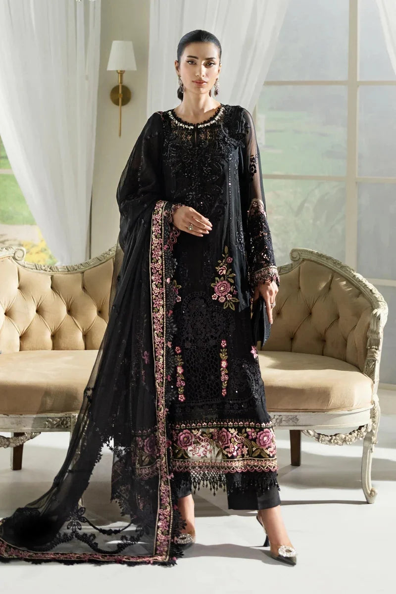 Jet Black & Blush Pink Luxury Embroidered Chiffon Suit | Ready to Wear