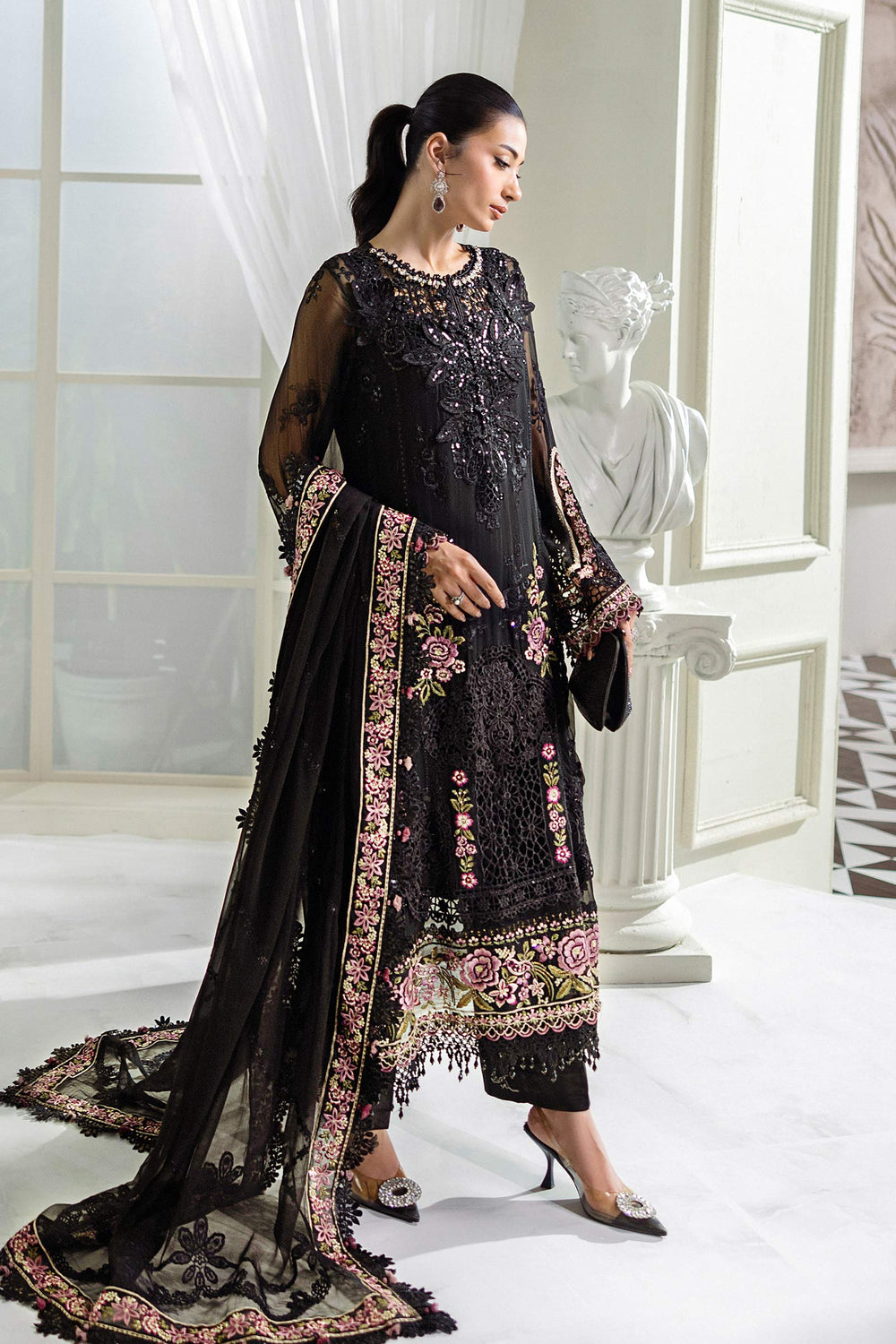 Jet Black & Blush Pink Luxury Embroidered Chiffon Suit | Ready to Wear