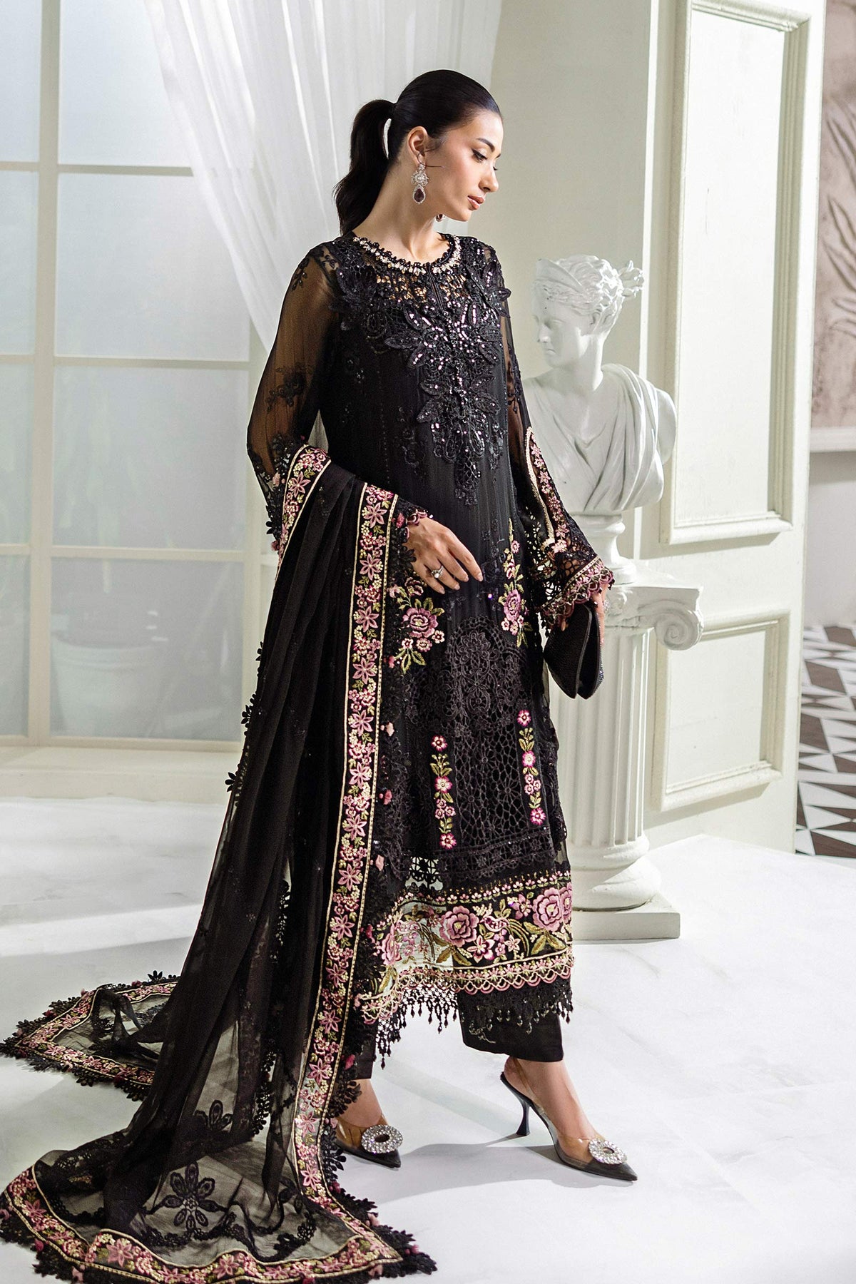Jet Black & Blush Pink Luxury Embroidered Chiffon Suit | Ready to Wear