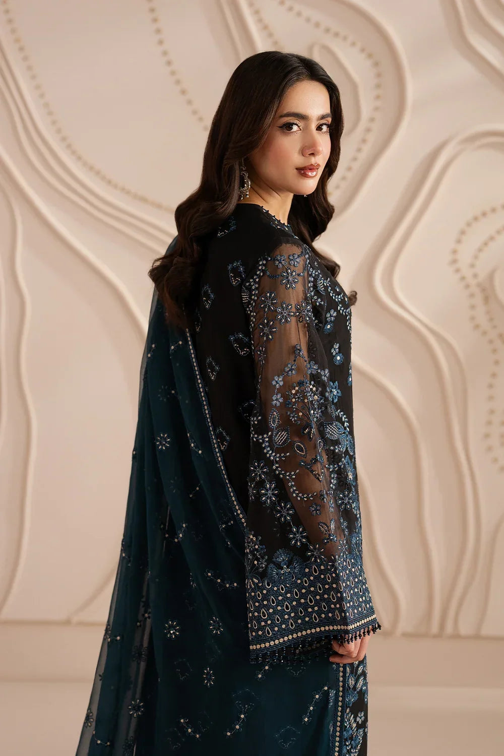 Jet Black & Oceanic Teal: Embroidered Chiffon Suit | Ready To Wear