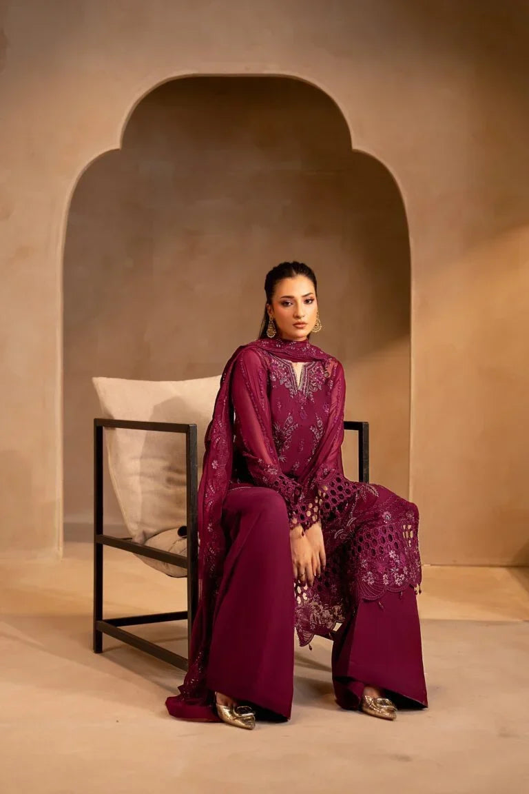 Rich Magenta Wine: Embroidered Chiffon Suit | Ready To Wear