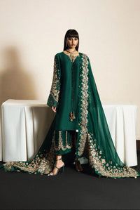 Emerald Green Raw Silk Embroidered 3-Piece Suit With Organza Dupatta | Ready To Wear