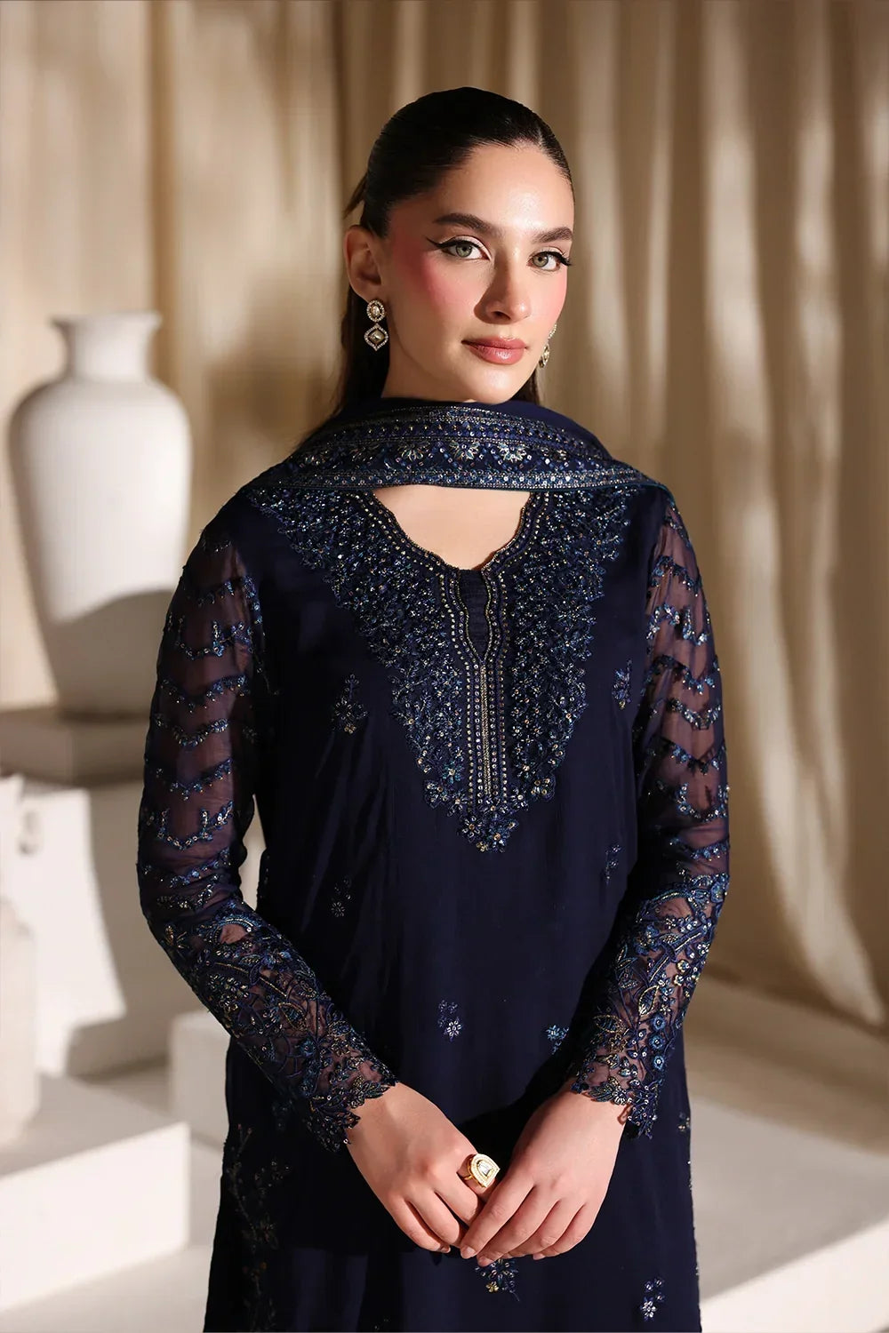 Navy Blue & Metallic Accent: Embroidered Chiffon Suit | Ready To Wear