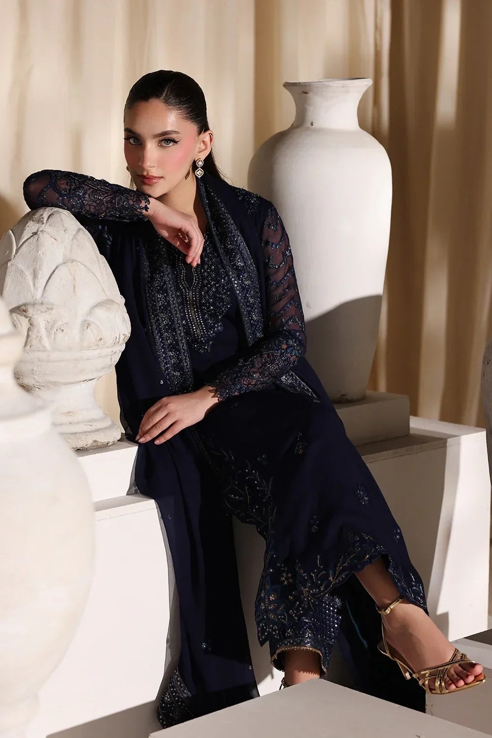 Navy Blue & Metallic Accent: Embroidered Chiffon Suit | Ready To Wear