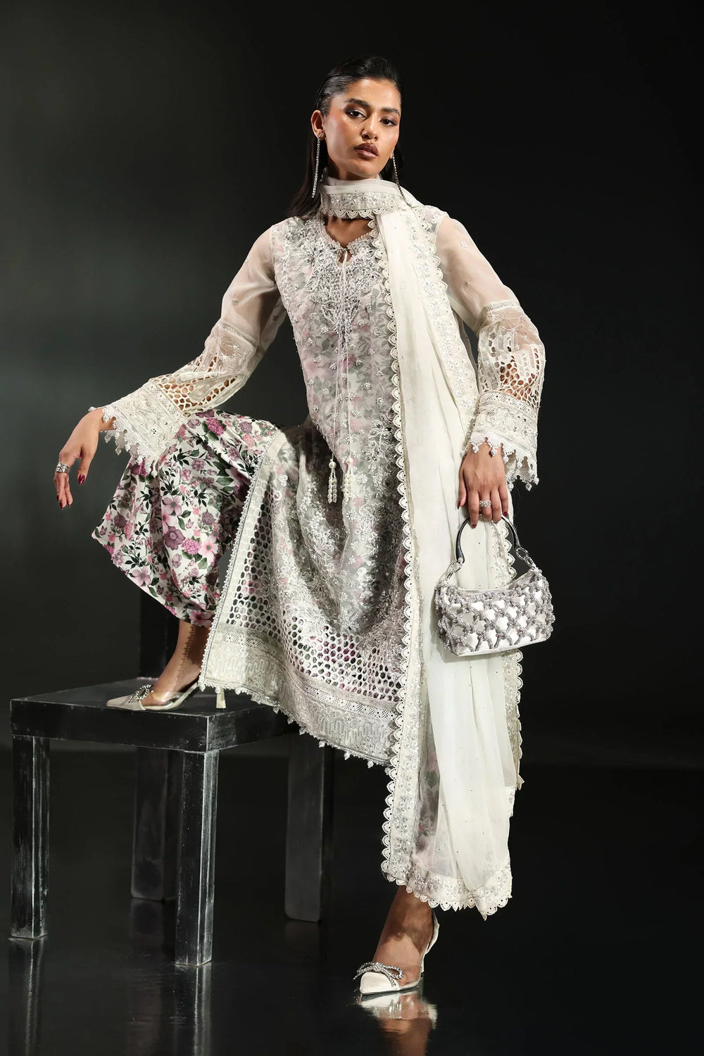 Icy White & Soft Floral Accent: Embroidered Organza Suit | Ready To Wear
