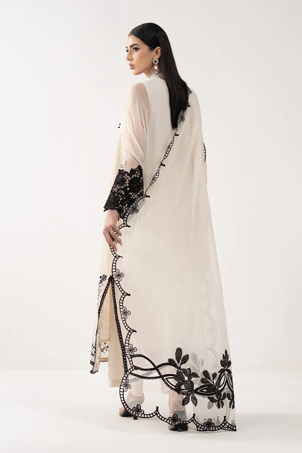 Cream Ivory Chiffon Suit With Jet Black Embroidery | Ready To Wear