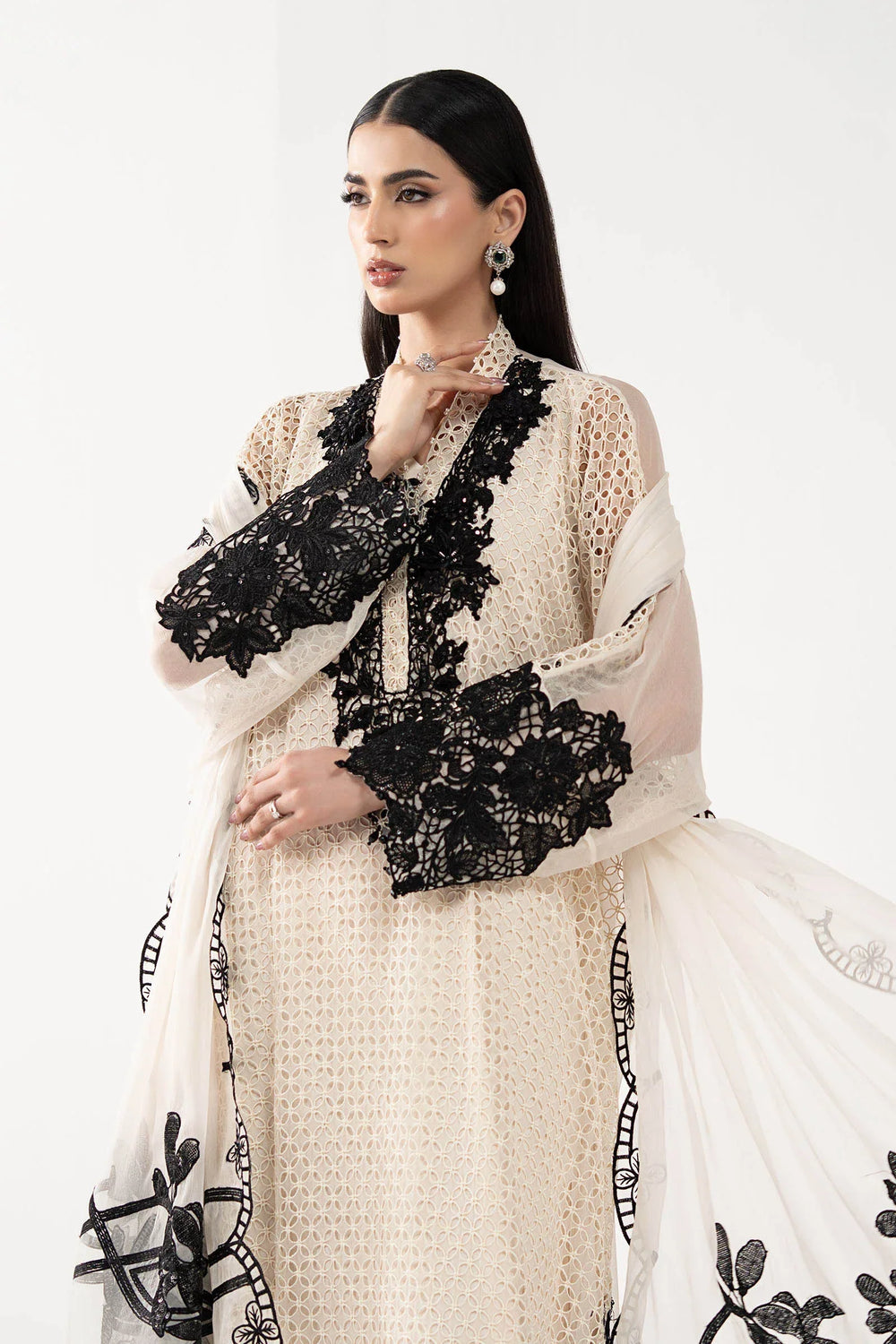 Cream Ivory Chiffon Suit With Jet Black Embroidery | Ready To Wear