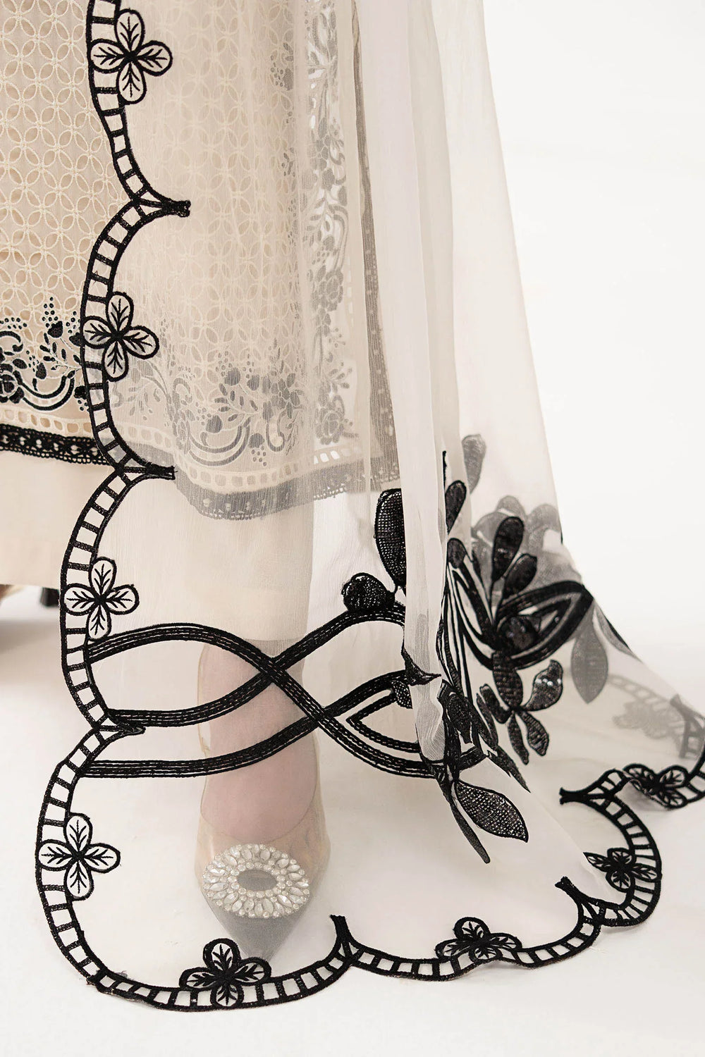 Cream Ivory Chiffon Suit With Jet Black Embroidery | Ready To Wear