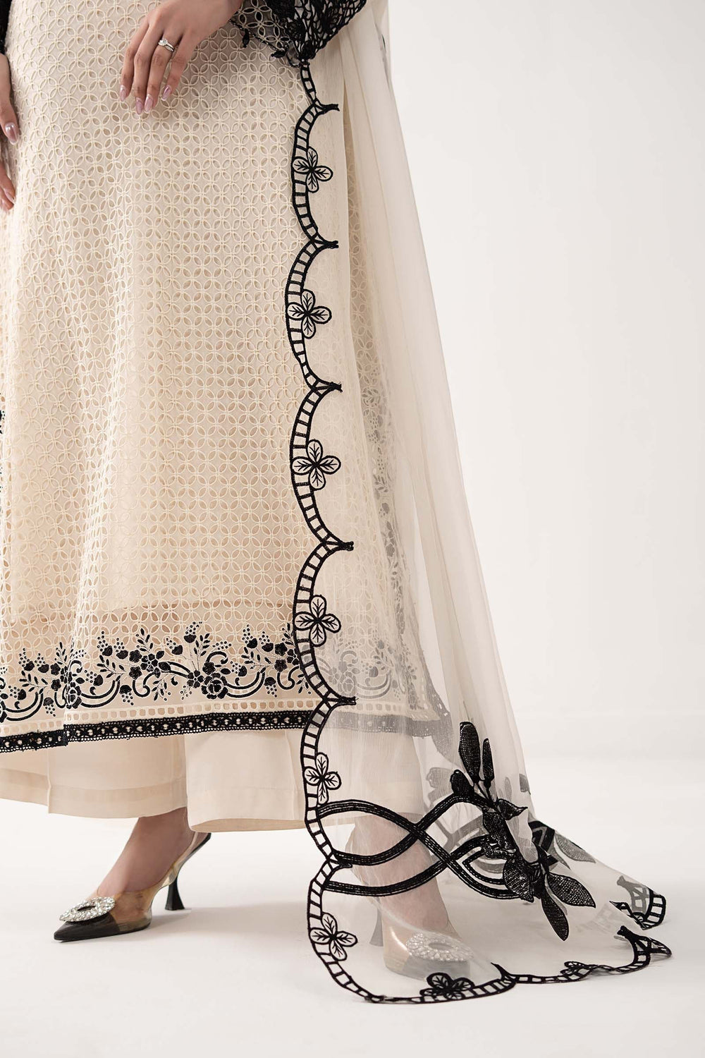 Cream Ivory Chiffon Suit With Jet Black Embroidery | Ready To Wear