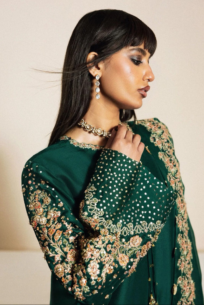 Emerald Green Raw Silk Embroidered 3-Piece Suit With Organza Dupatta | Ready To Wear