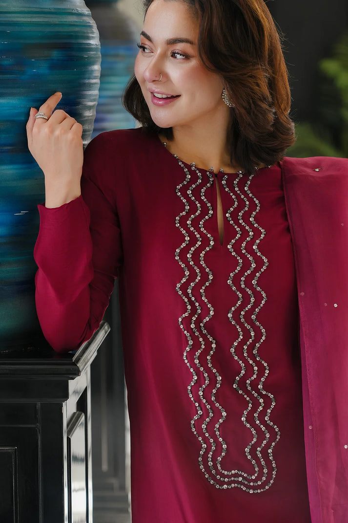 Shamoze Silk 3-Piece Suit with Embellished Neckline & Lace Net Dupatta | Ready to Wear