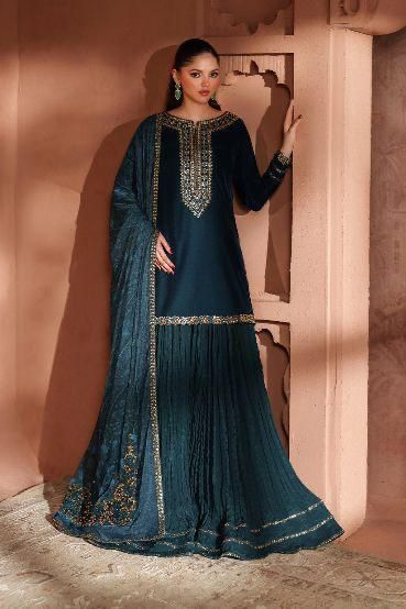 Peacock Teal & Antique Gold: Embroidered Velvet Suit | Ready To Wear