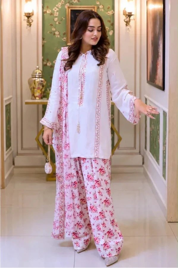 Ivory White & Blush Pink: Floral Printed Silk Suit | Ready To Wear