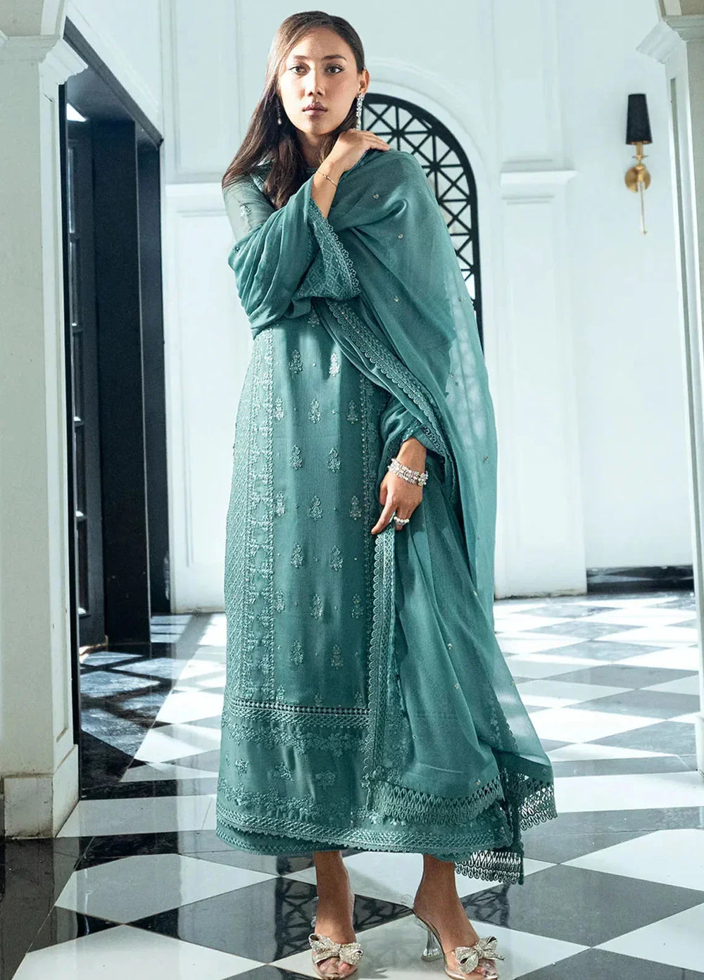Aqua Serenade: Chiffon Suit With Sequin Embroidery | Ready To Wear