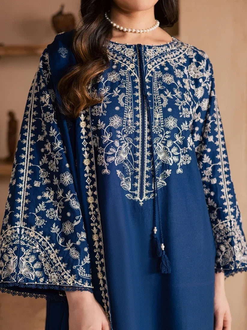 Elegant Embroidered Egyptian Cotton 3-Piece Suit with Chiffon Dupatta | Ready to Wea