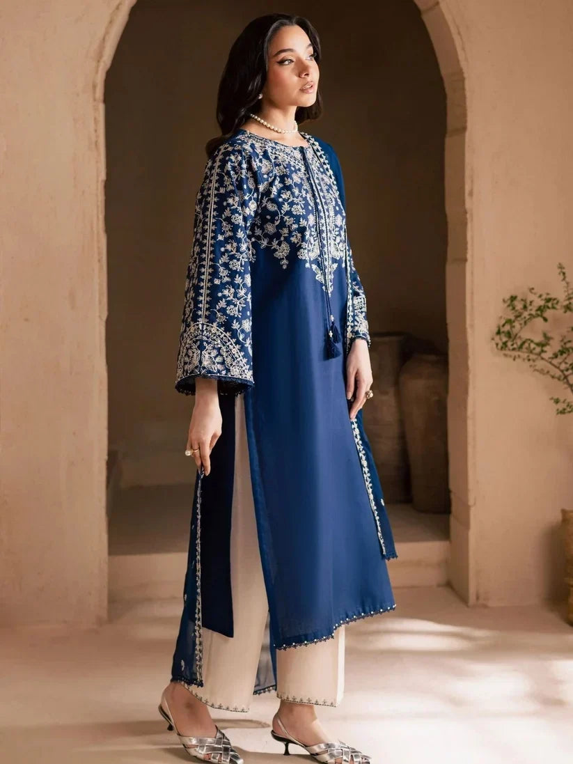Elegant Embroidered Egyptian Cotton 3-Piece Suit with Chiffon Dupatta | Ready to Wea