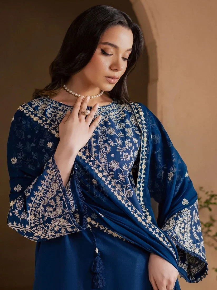 Elegant Embroidered Egyptian Cotton 3-Piece Suit with Chiffon Dupatta | Ready to Wea