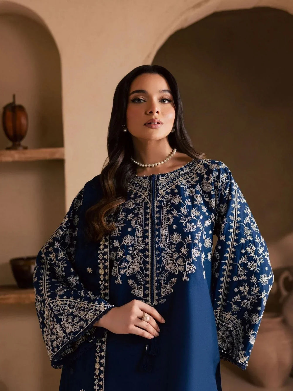 Elegant Embroidered Egyptian Cotton 3-Piece Suit with Chiffon Dupatta | Ready to Wea